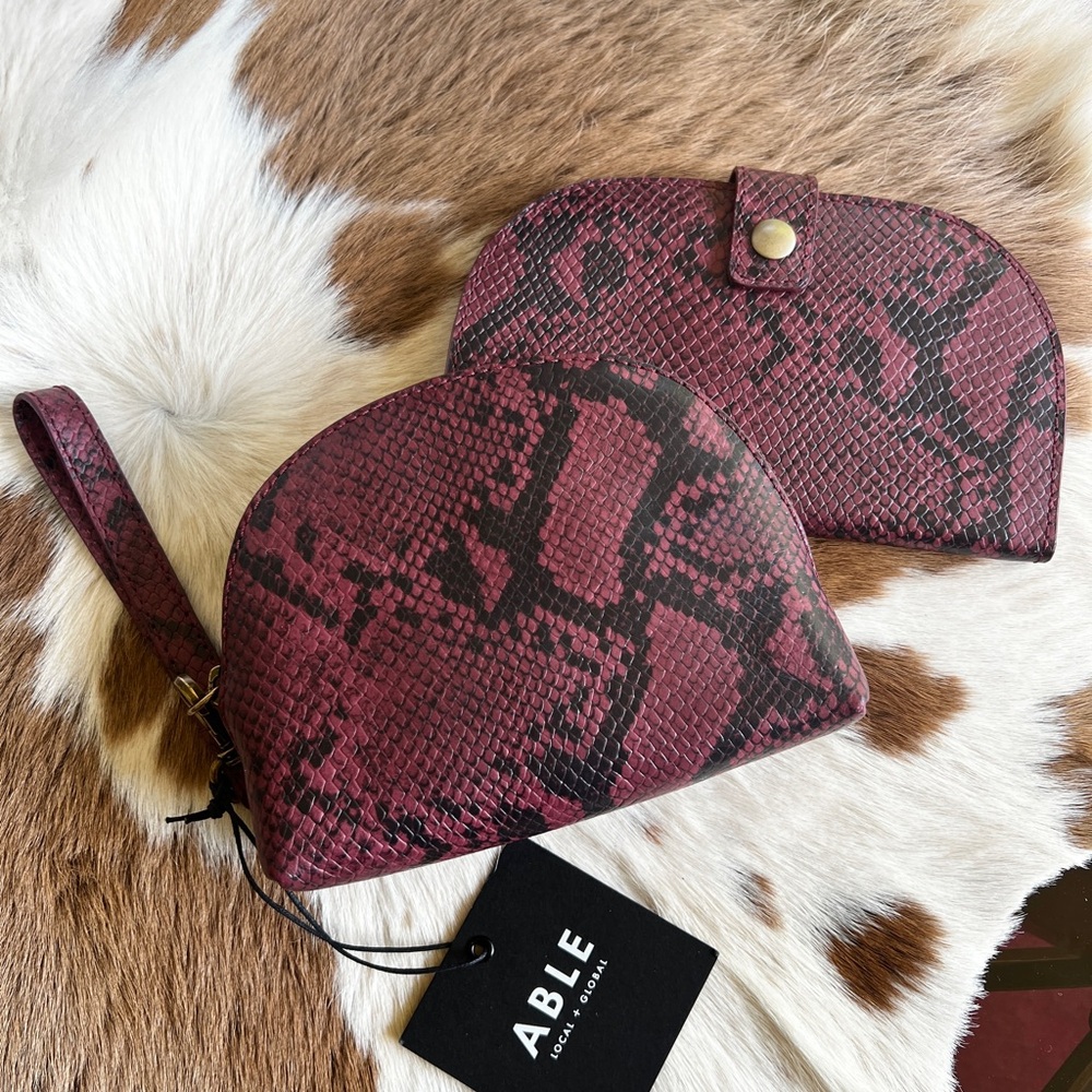 Able Burgundy Snake Print Cosmetic Bag and Wallet Set